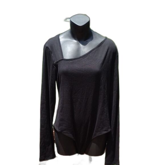 Tops - Mangopop Black Long Sleeve Asymmetrical Neckline Bodysuit Size XXL